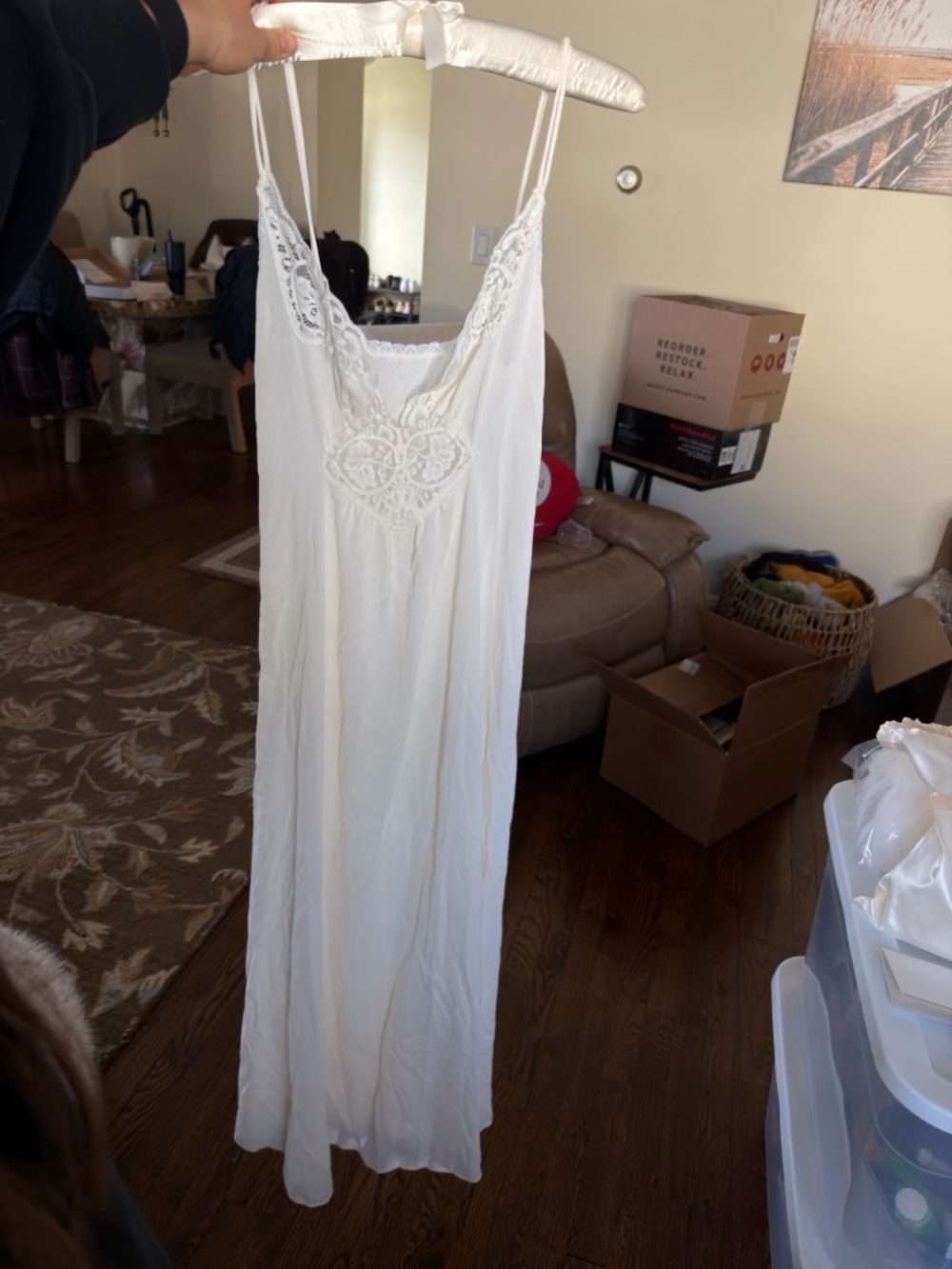 Vintage Miss Elaine White Lace-Trim Maxi Slip Dress
